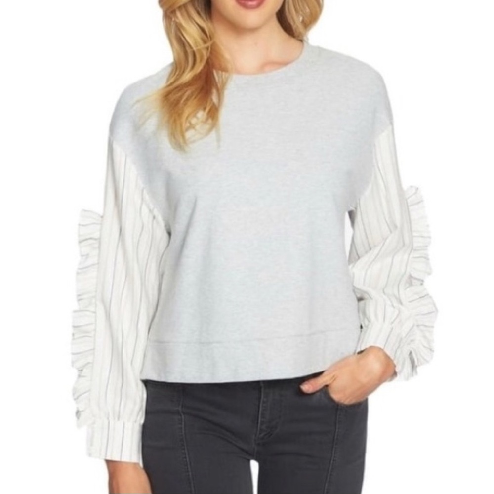 EUC 1. State Gray and White Ruffle Sleeve Sweatshirt Sz M